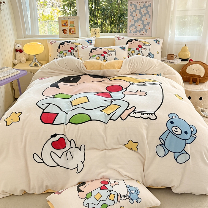 91家纺网 家纺一手货源 找家纺 ds生活馆 2025新款大版高克重双面牛奶绒四件套 瞌睡小新