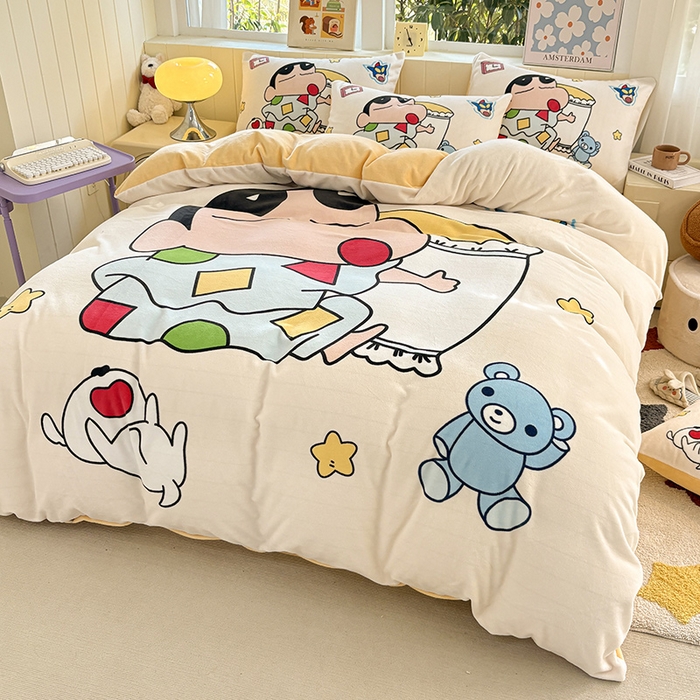 91家纺网 家纺一手货源 找家纺 ds生活馆 2025新款大版高克重双面牛奶绒四件套 瞌睡小新