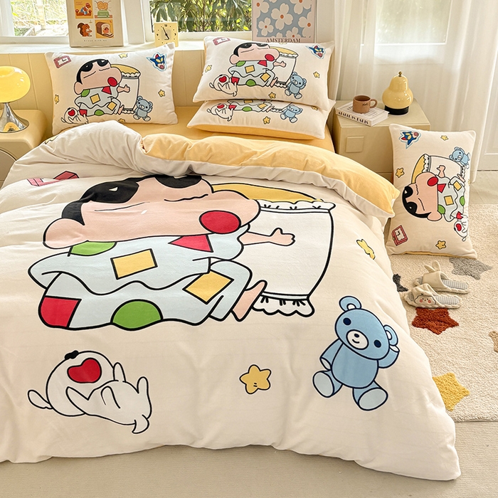 91家纺网 家纺一手货源 找家纺 ds生活馆 2025新款大版高克重双面牛奶绒四件套 瞌睡小新