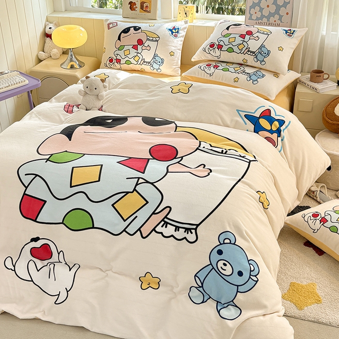 91家纺网 家纺一手货源 找家纺 ds生活馆 2025新款大版高克重双面牛奶绒四件套 瞌睡小新