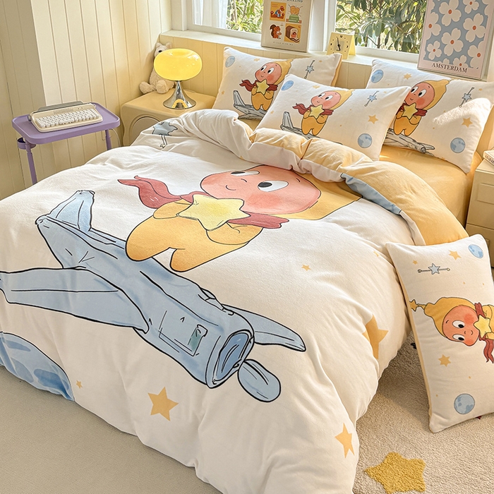 91家纺网 家纺一手货源 找家纺 ds生活馆 2025新款大版高克重双面牛奶绒四件套 太空星人