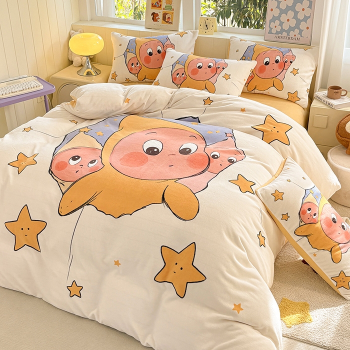 91家纺网 家纺一手货源 找家纺 ds生活馆 2025新款大版高克重双面牛奶绒四件套 探头星人