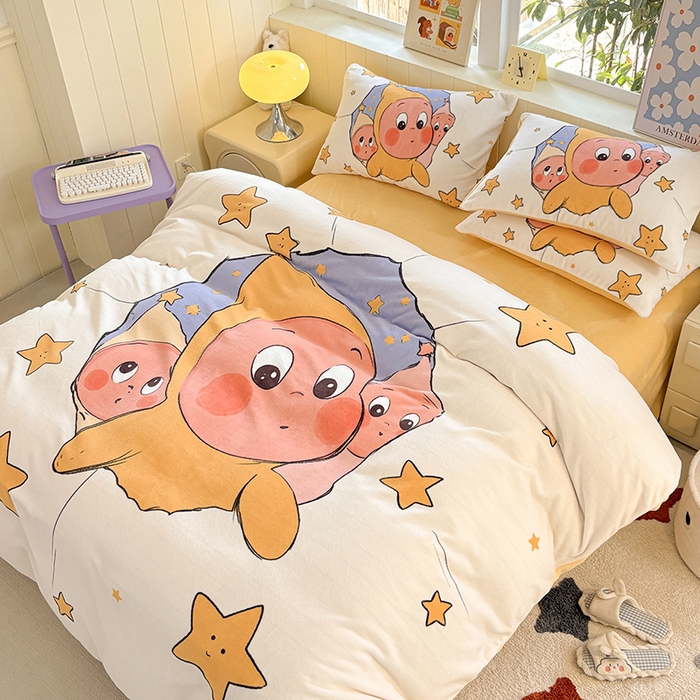 91家纺网 家纺一手货源 找家纺 ds生活馆 2025新款大版高克重双面牛奶绒四件套 探头星人