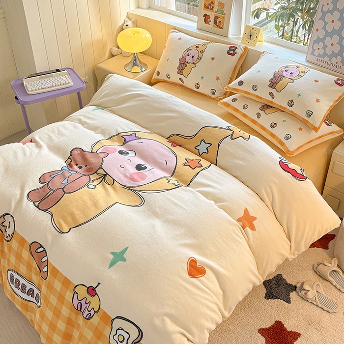 91家纺网 家纺一手货源 找家纺 ds生活馆 2025新款大版高克重双面牛奶绒四件套 小熊星人