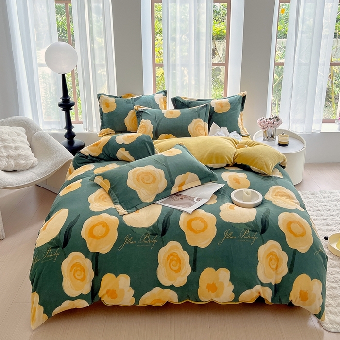 于果 2025新款牛奶绒印花四件套 花如梦-绿