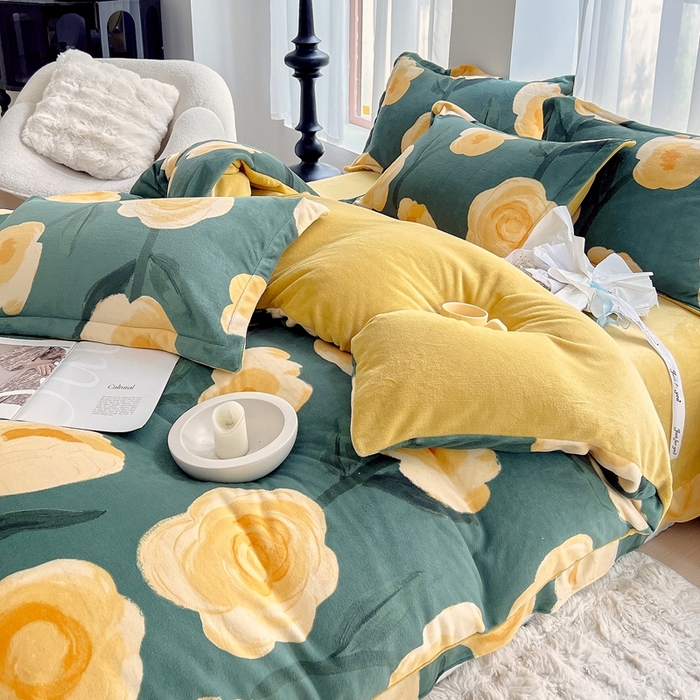 91家纺网 家纺一手货源 找家纺 于果 2025新款牛奶绒印花四件套 花如梦-绿