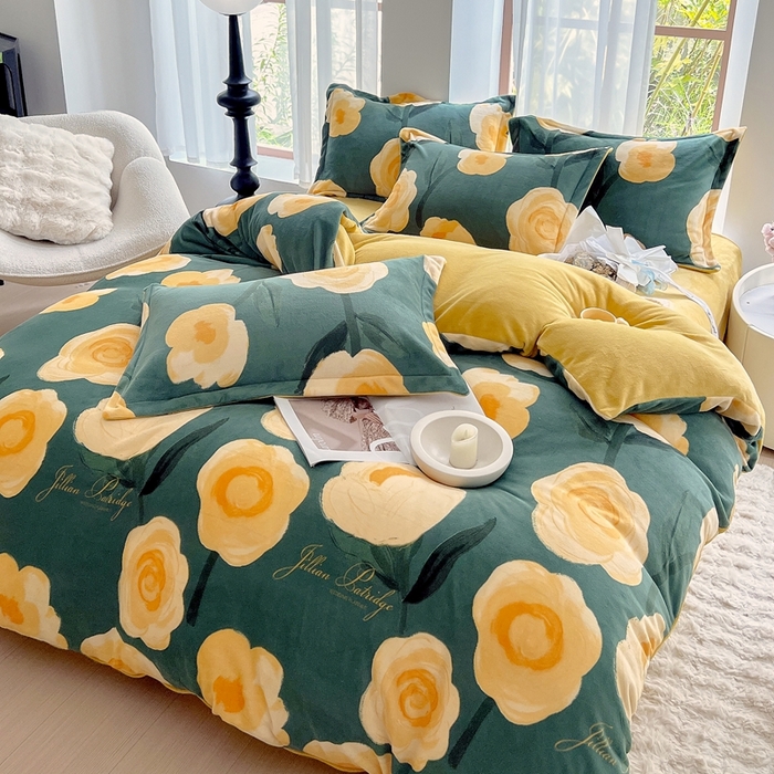 91家纺网 家纺一手货源 找家纺 于果 2025新款牛奶绒印花四件套 花如梦-绿