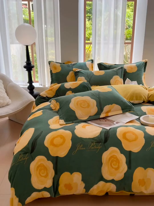 91家纺网 家纺一手货源 找家纺 于果 2025新款牛奶绒印花四件套 花如梦-绿