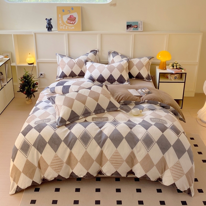 于果 2025新款牛奶绒印花四件套 几何空间-灰