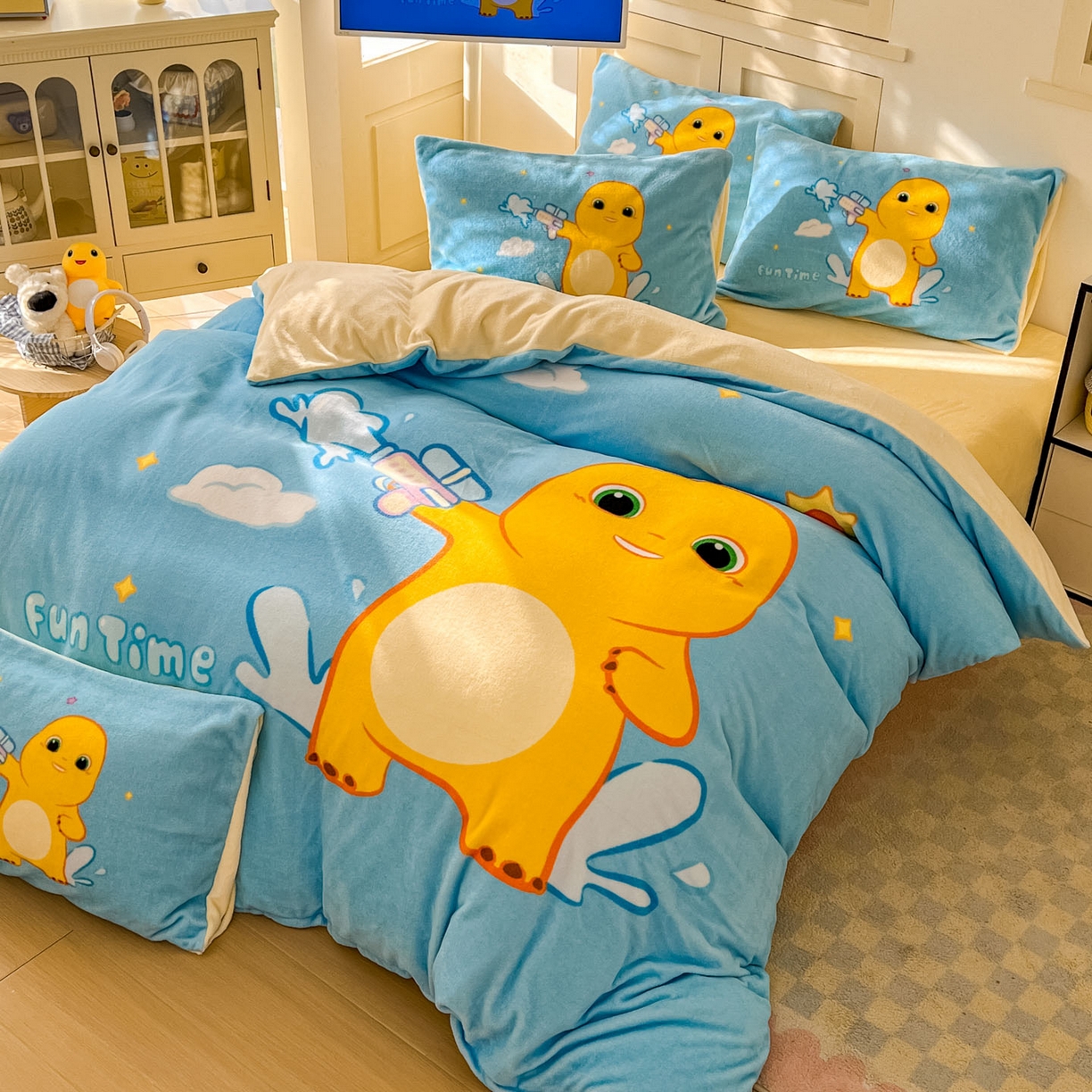 91家纺网 家纺一手货源 找家纺 浩诚 2025秋冬新款高克重牛奶绒大版卡通四件套 快乐狂欢