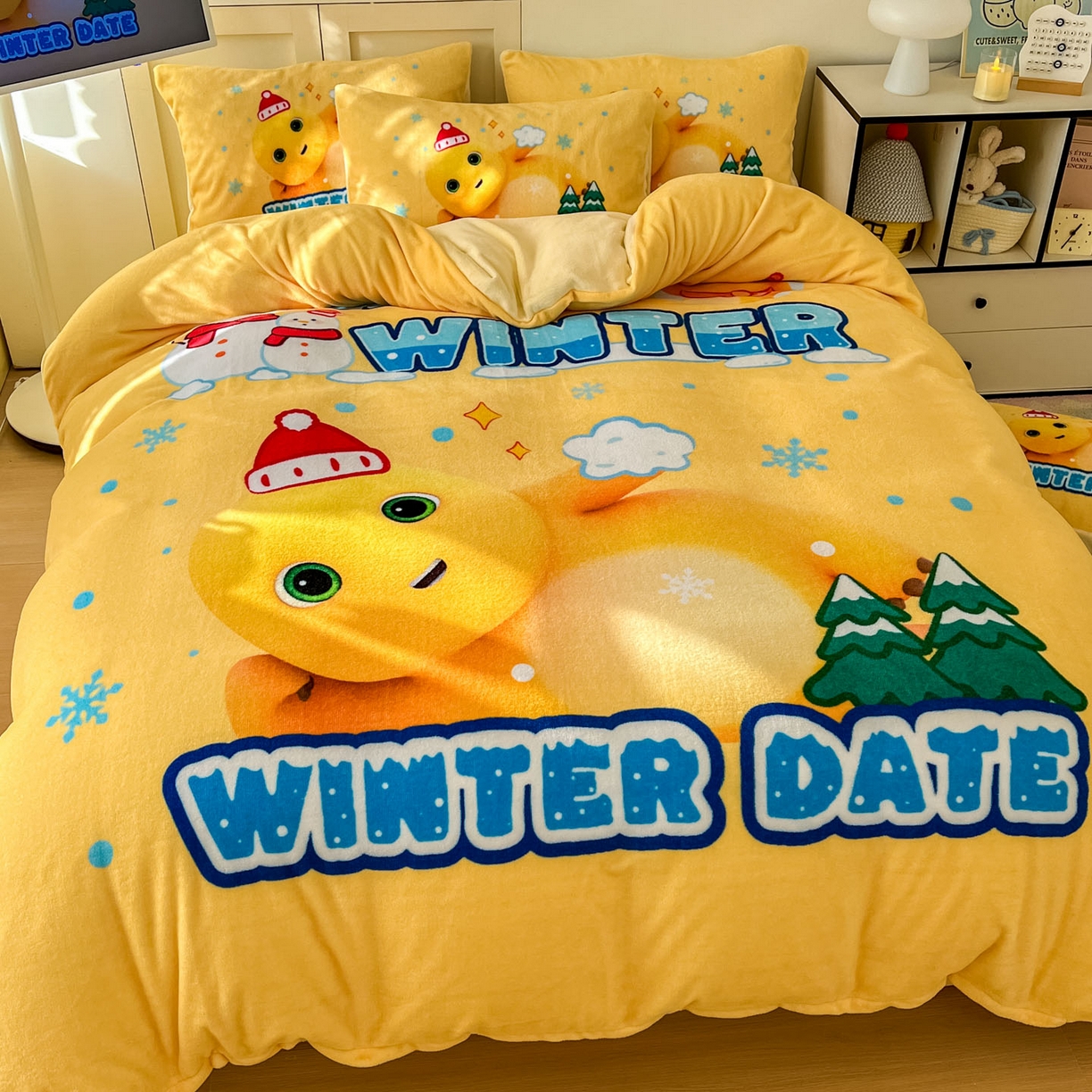 91家纺网 家纺一手货源 找家纺 浩诚 2025秋冬新款高克重牛奶绒大版卡通四件套 冬日暖暖