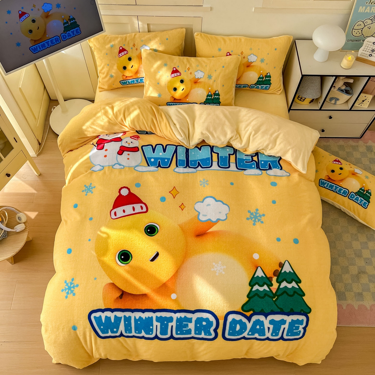 91家纺网 家纺一手货源 找家纺 浩诚 2025秋冬新款高克重牛奶绒大版卡通四件套 冬日暖暖