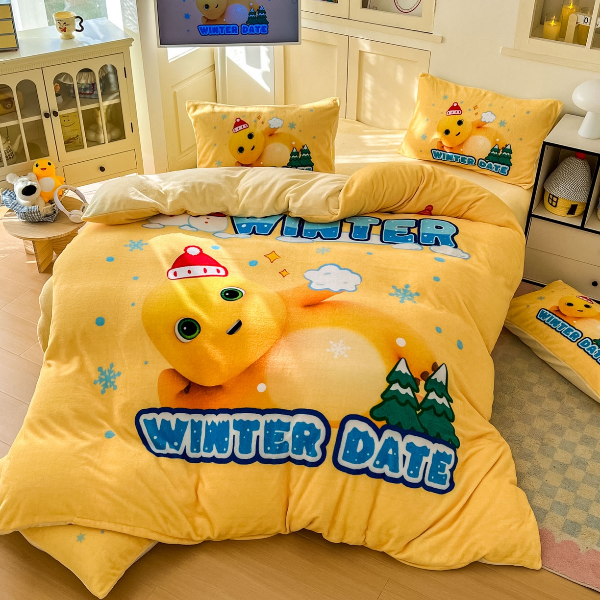 91家纺网 家纺一手货源 找家纺 浩诚 2025秋冬新款高克重牛奶绒大版卡通四件套 冬日暖暖