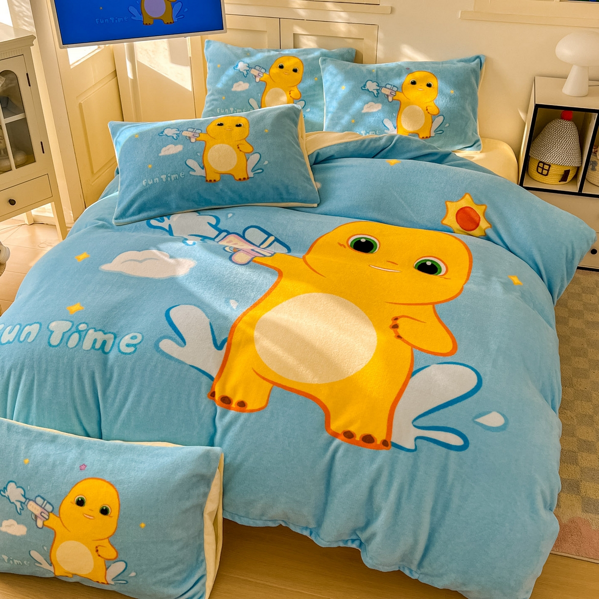 91家纺网 家纺一手货源 找家纺 浩诚 2025秋冬新款高克重牛奶绒大版卡通四件套 快乐狂欢