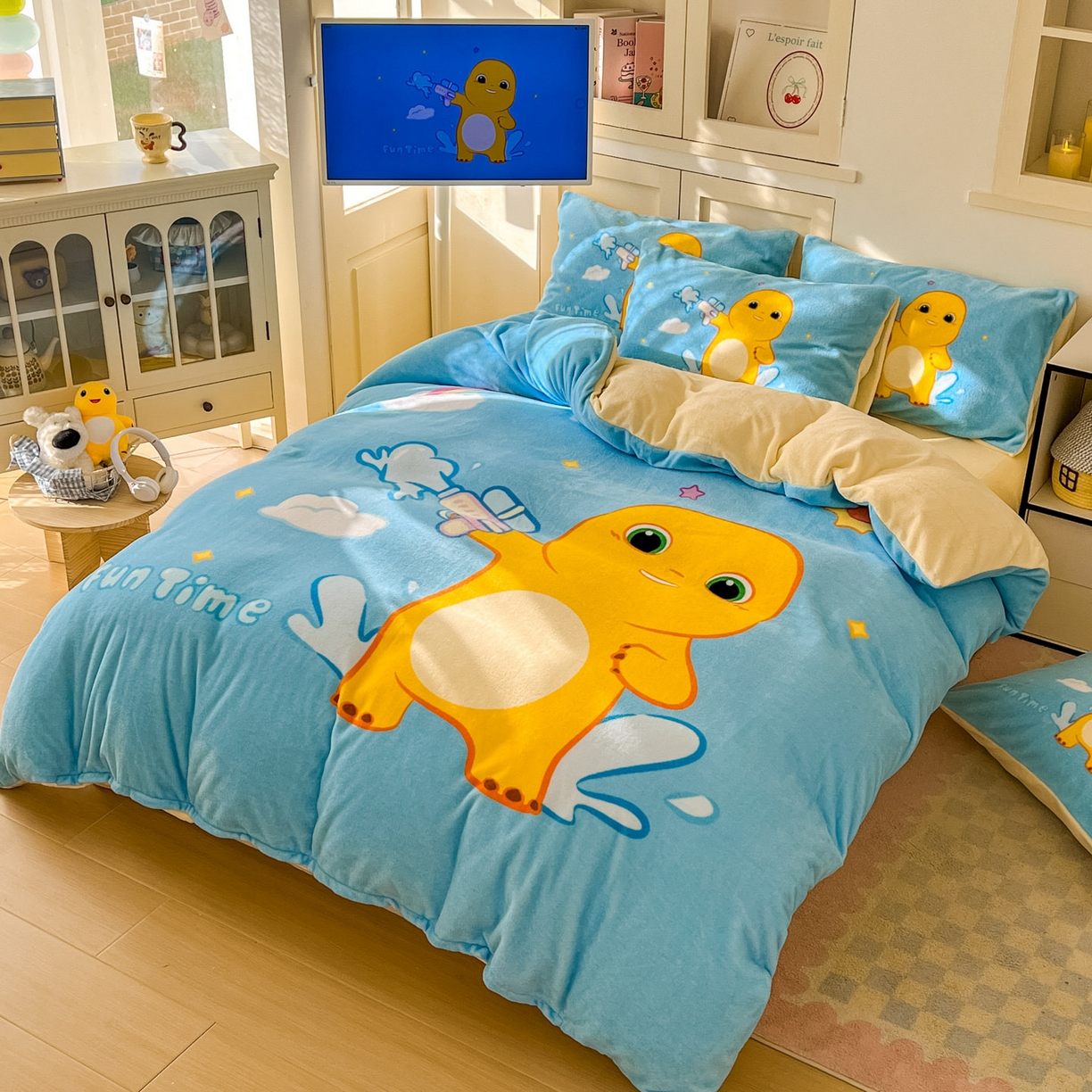 91家纺网 家纺一手货源 找家纺 浩诚 2025秋冬新款高克重牛奶绒大版卡通四件套 快乐狂欢