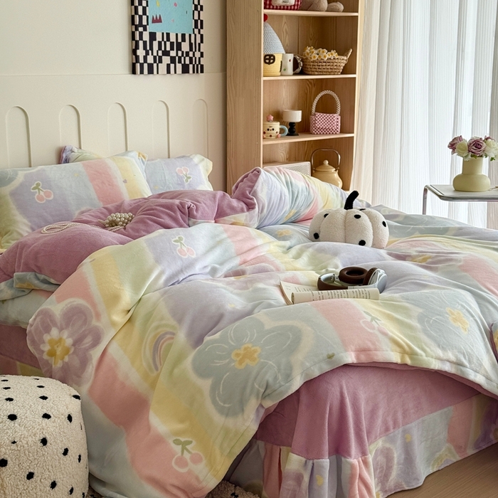 91家纺网 家纺一手货源 找家纺 于果 2025新款牛奶绒印花四件套 七彩花梦