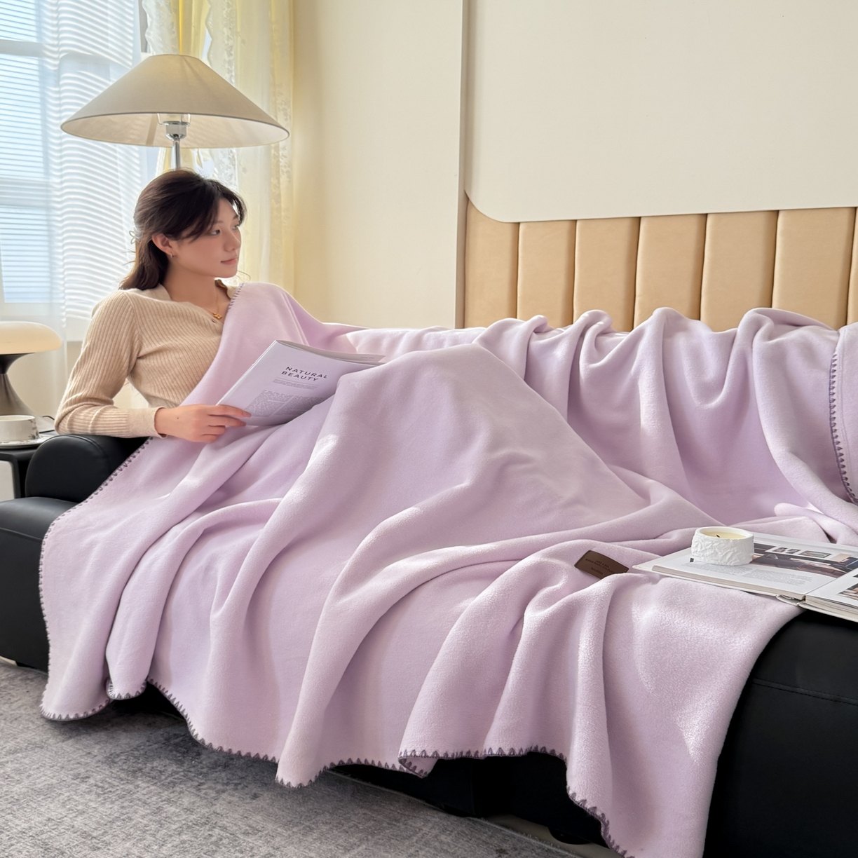 91家纺网 家纺一手货源 找家纺 金喜 2025新款双面仿羊绒多功能毯盖毯 毯子毛毯 香芋紫