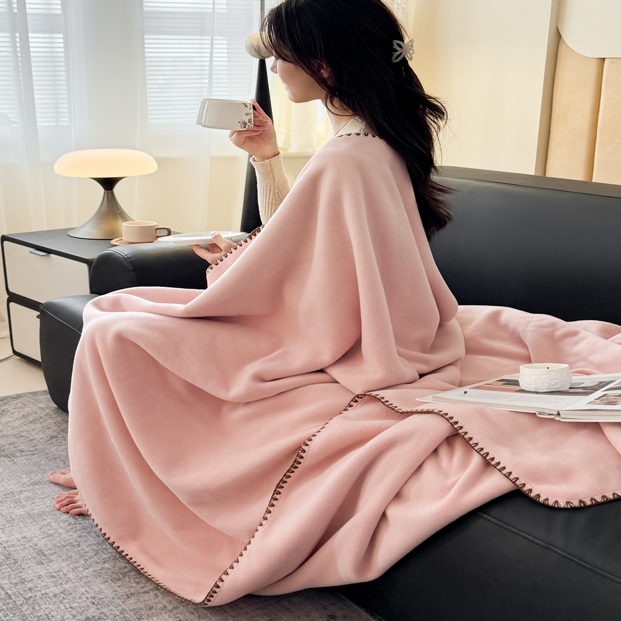 91家纺网 家纺一手货源 找家纺 金喜 2025新款双面仿羊绒多功能毯盖毯 毯子毛毯 浅粉