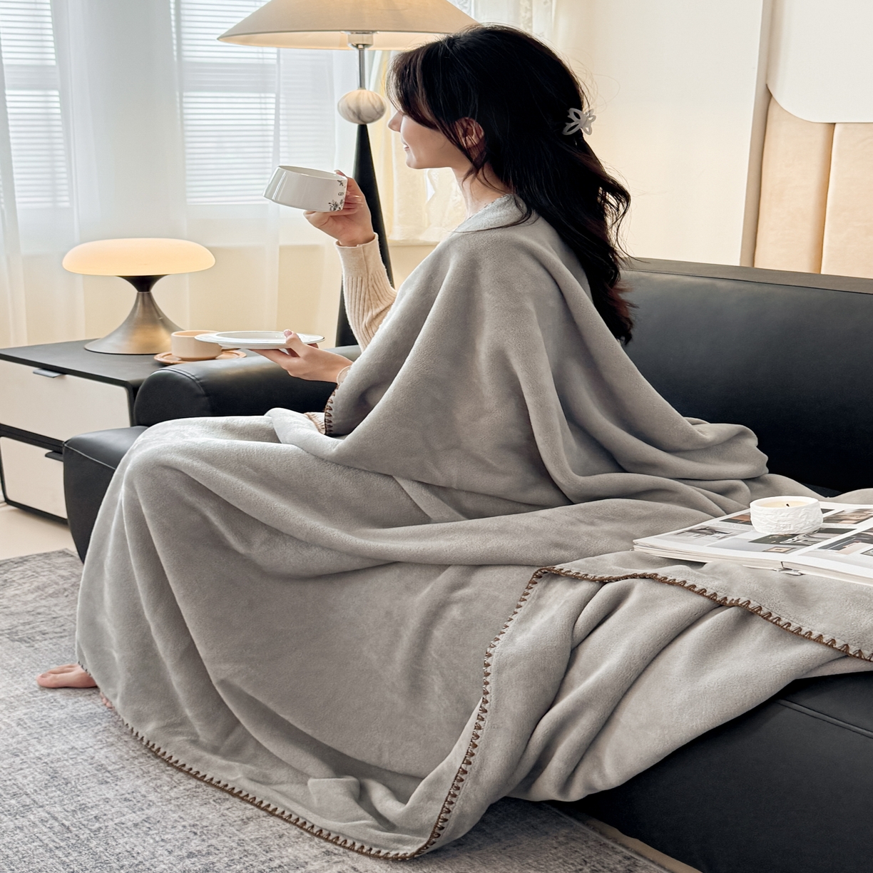 91家纺网 家纺一手货源 找家纺 金喜 2025新款双面仿羊绒多功能毯盖毯 毯子毛毯 气质灰