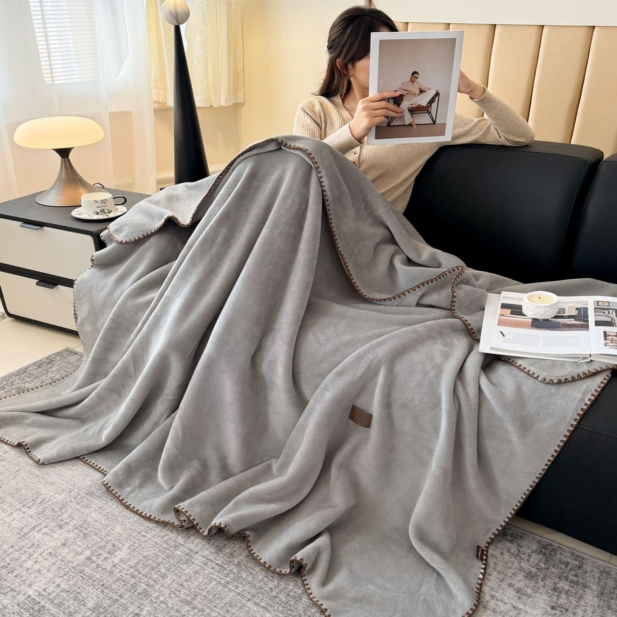 91家纺网 家纺一手货源 找家纺 金喜 2025新款双面仿羊绒多功能毯盖毯 毯子毛毯 气质灰