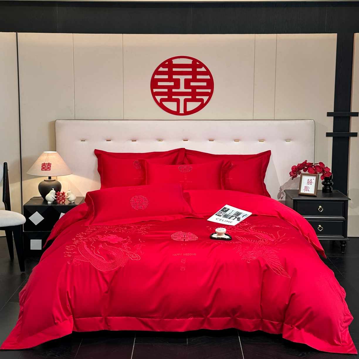 金喜 2025新款婚庆刺绣四件套 百年好合-红