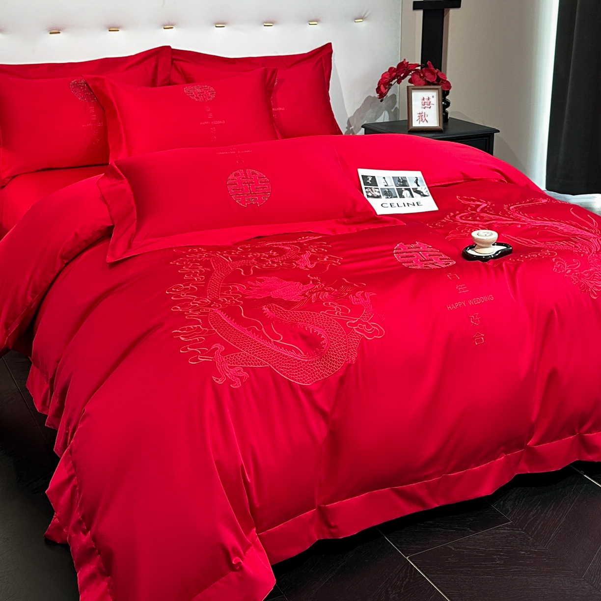 91家纺网 家纺一手货源 找家纺 金喜 2025新款婚庆刺绣四件套 百年好合-红