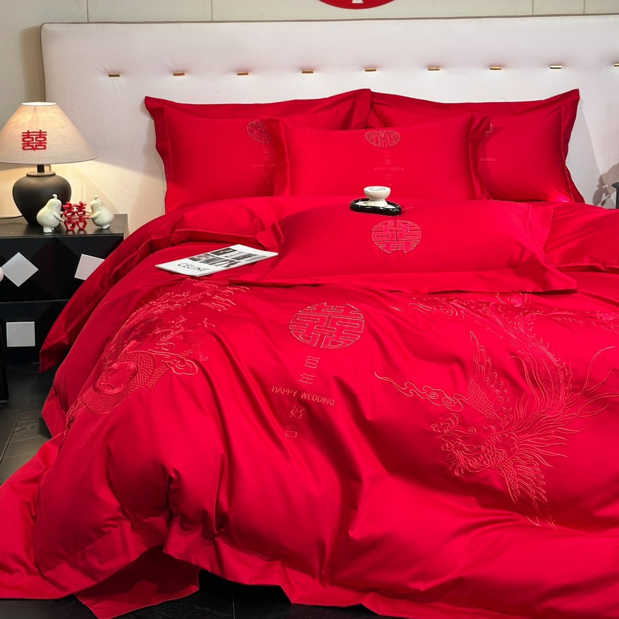 91家纺网 家纺一手货源 找家纺 金喜 2025新款婚庆刺绣四件套 百年好合-红