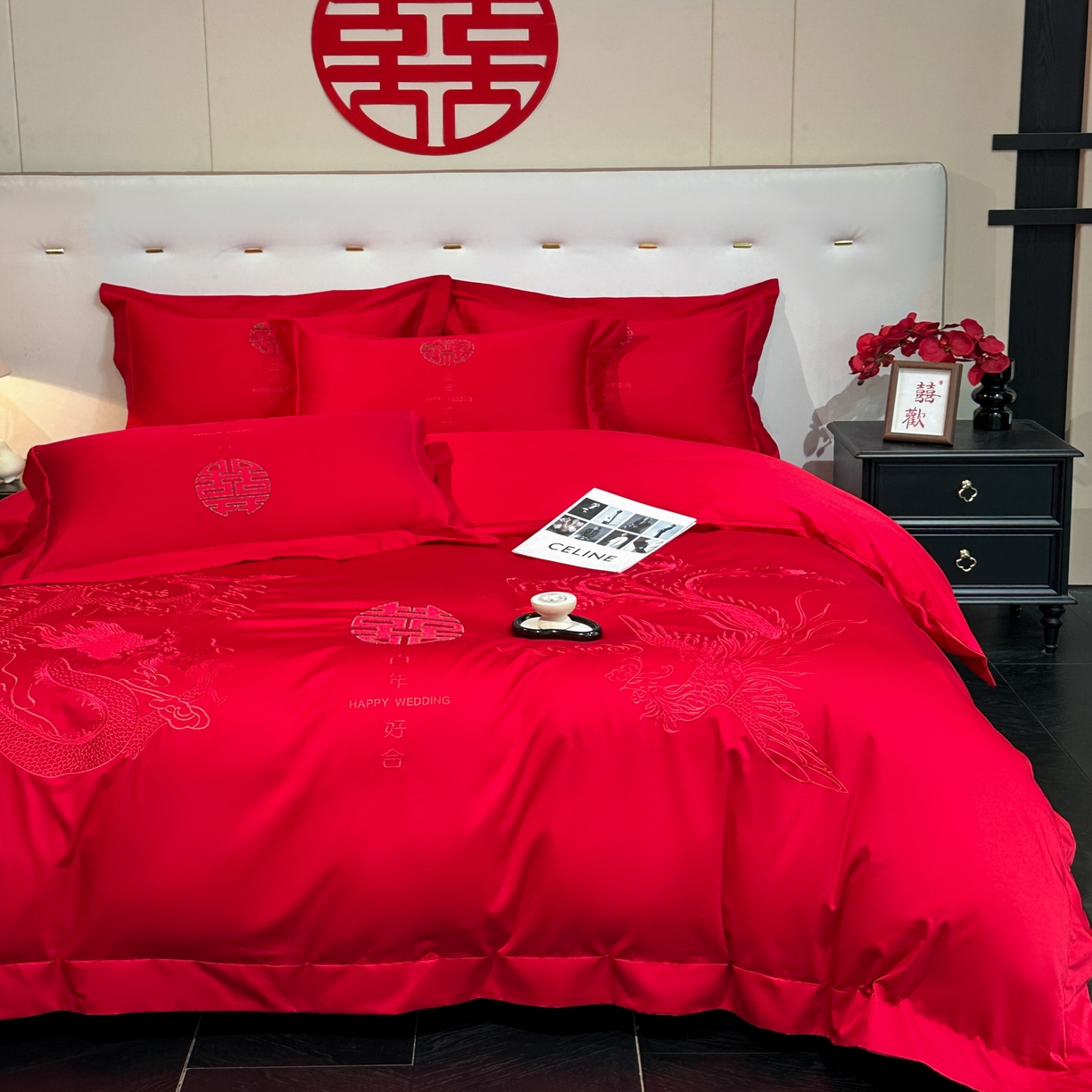 91家纺网 家纺一手货源 找家纺 金喜 2025新款婚庆刺绣四件套 百年好合-红