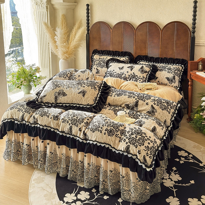 91家纺网 家纺一手货源 找家纺 虹星家纺 2025新款雕花牛奶绒床裙四件套-花溪系列 花溪-米黄