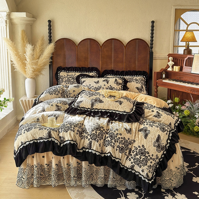 虹星家纺 2025新款雕花牛奶绒床裙四件套-花溪系列 花溪-米黄