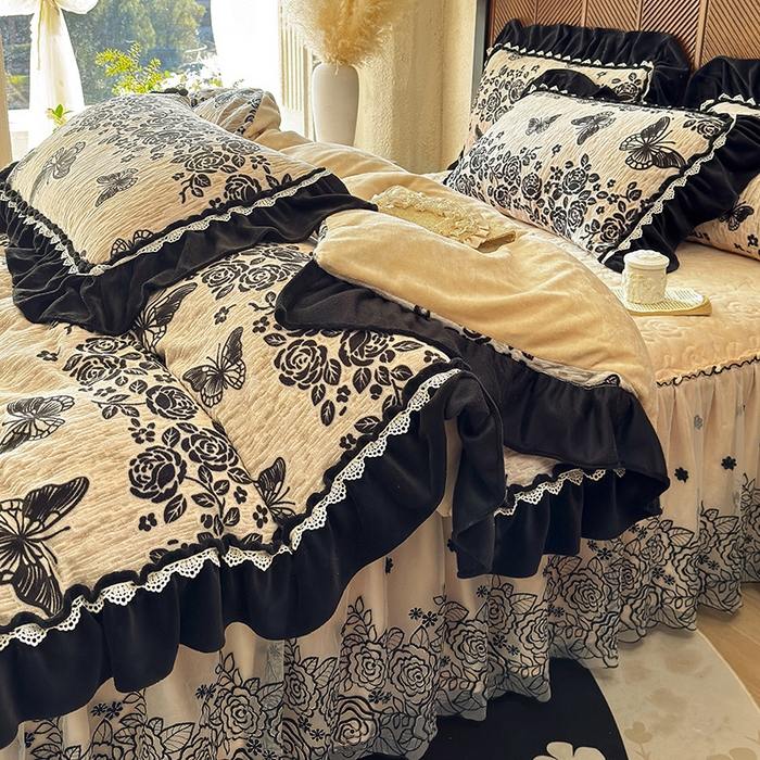 91家纺网 家纺一手货源 找家纺 虹星家纺 2025新款雕花牛奶绒床裙四件套-花溪系列 花溪-米黄