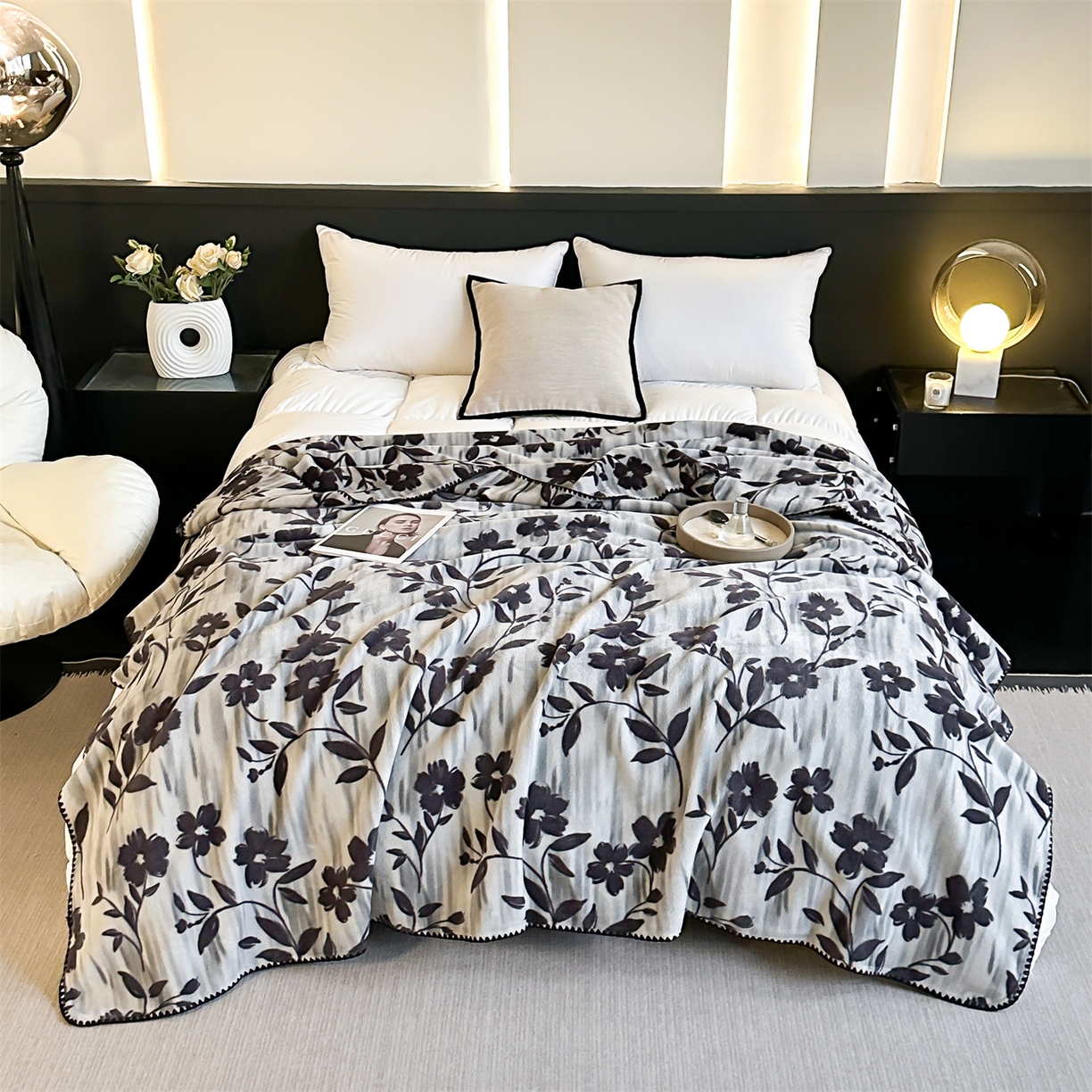 91家纺网 家纺一手货源 找家纺 安力森/诚臻酒店用品 2025新款天竺绒数码印花轻奢盖毯 梦蕾-灰色