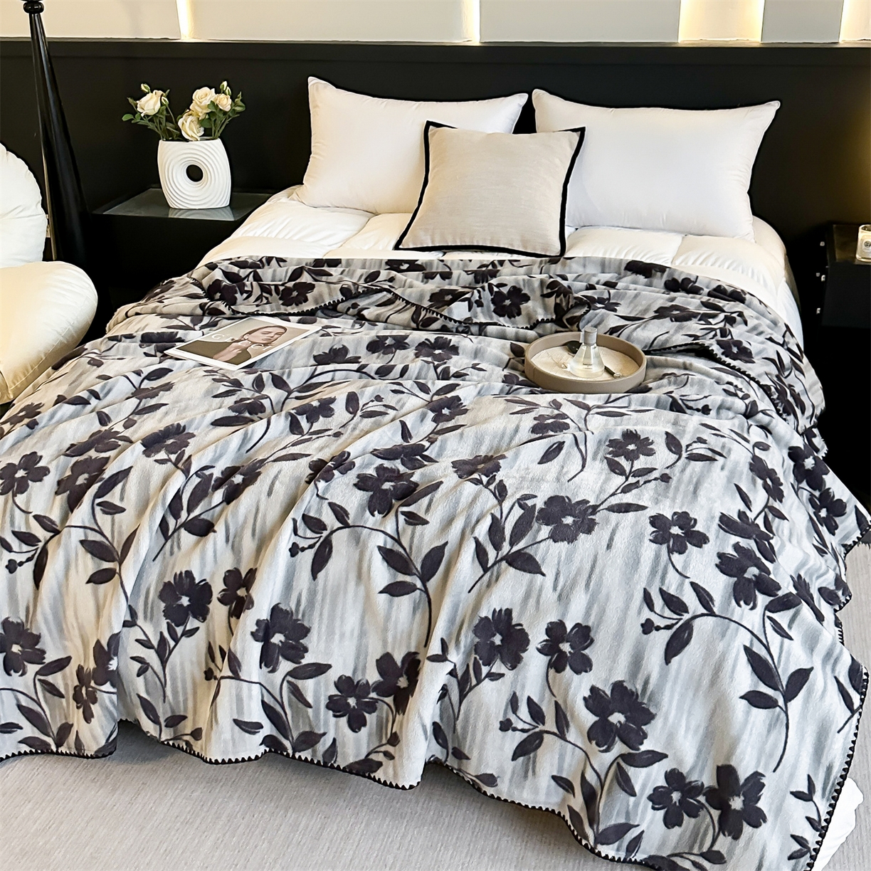 91家纺网 家纺一手货源 找家纺 安力森/诚臻酒店用品 2025新款天竺绒数码印花轻奢盖毯 梦蕾-灰色