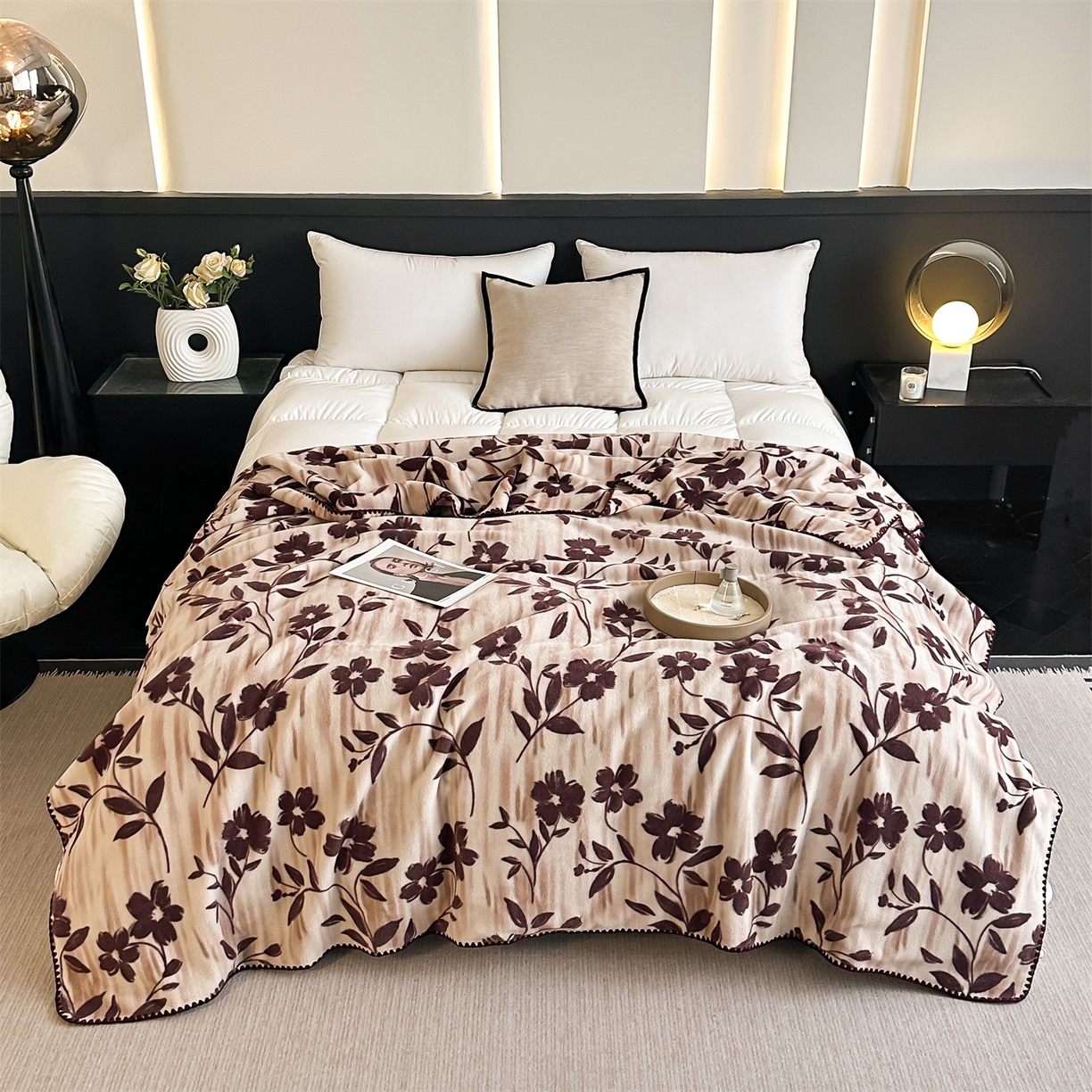 91家纺网 家纺一手货源 找家纺 安力森/诚臻酒店用品 2025新款天竺绒数码印花轻奢盖毯 梦蕾-驼色