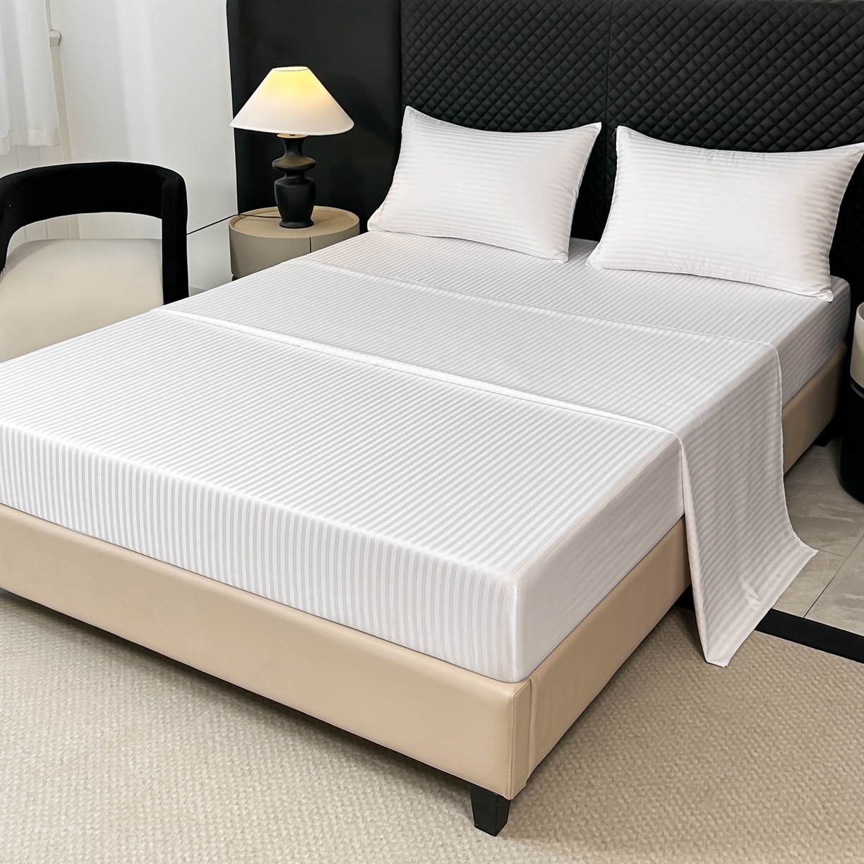 安力森/诚臻酒店用品 2025新款酒店布草床单高支高密缎条款床笠三件套月子中心养老院机构专用床品 纯白