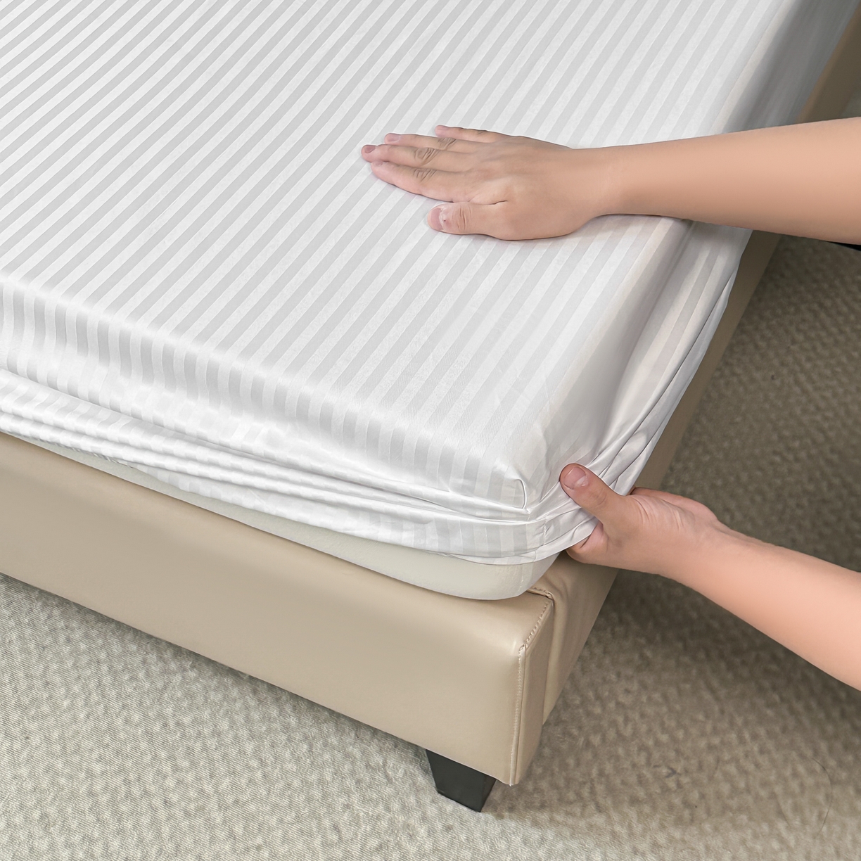 91家纺网 家纺一手货源 找家纺 安力森/诚臻酒店用品 2025新款酒店布草床单高支高密缎条款床笠三件套月子中心养老院机构专用床品 纯白