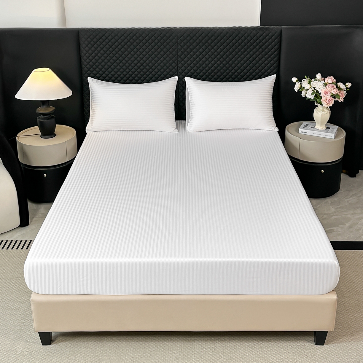 91家纺网 家纺一手货源 找家纺 安力森/诚臻酒店用品 2025新款酒店布草床单高支高密缎条款床笠三件套月子中心养老院机构专用床品 纯白