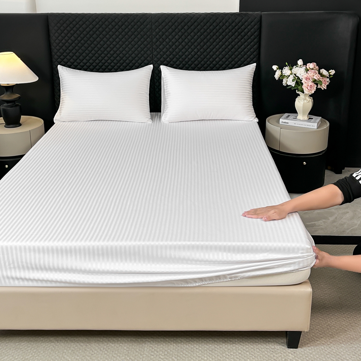 91家纺网 家纺一手货源 找家纺 安力森/诚臻酒店用品 2025新款酒店布草床单高支高密缎条款床笠三件套月子中心养老院机构专用床品 纯白