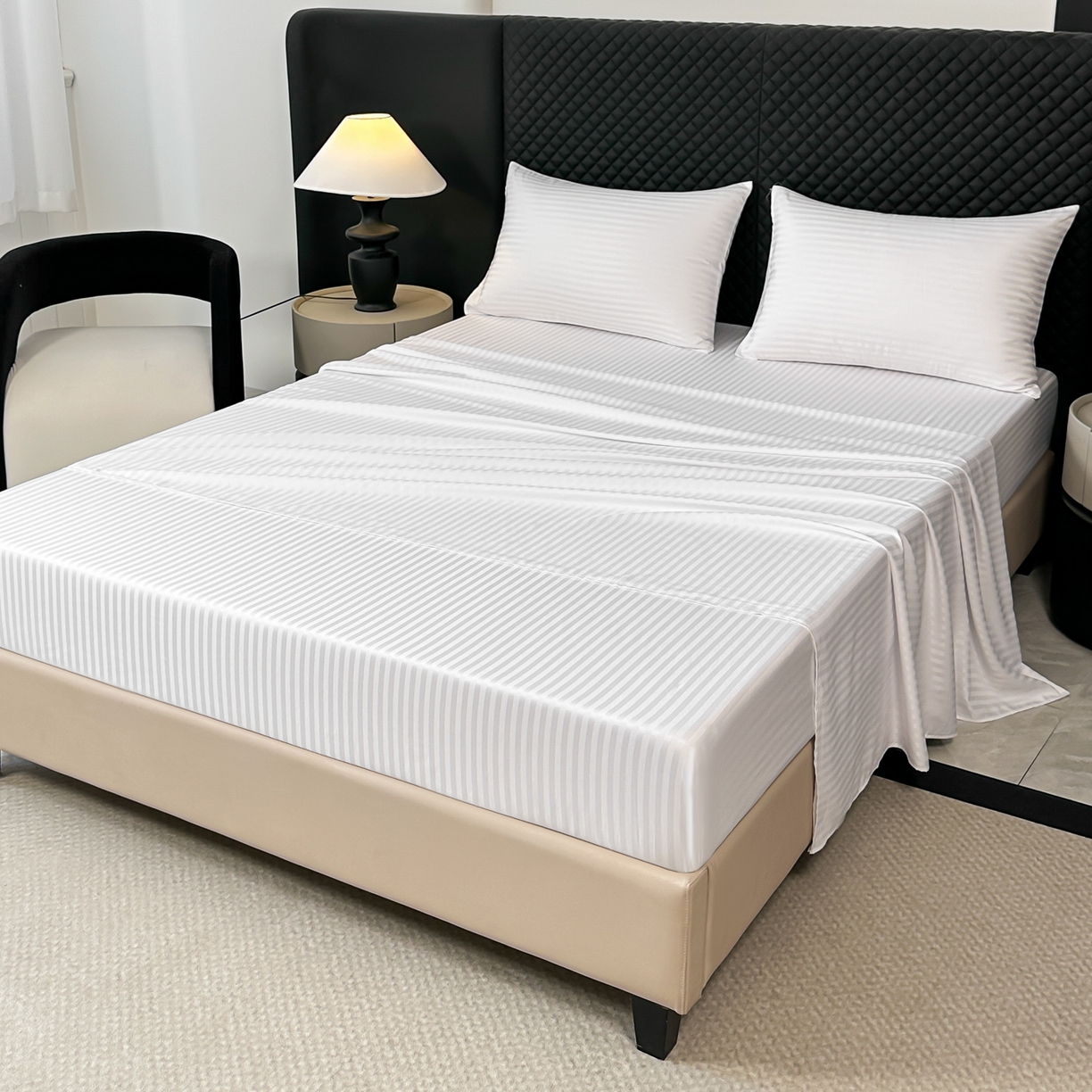 91家纺网 家纺一手货源 找家纺 安力森/诚臻酒店用品 2025新款酒店布草床单高支高密缎条款床笠三件套月子中心养老院机构专用床品 纯白