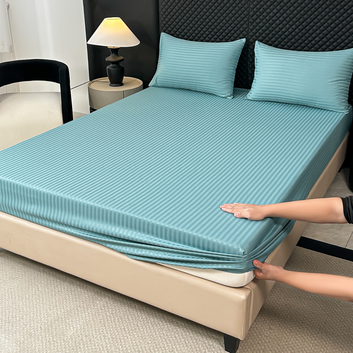 91家纺网 家纺一手货源 找家纺 安力森/诚臻酒店用品 2025新款酒店布草床单高支高密缎条款床笠三件套月子中心养老院机构专用床品 迪弗蓝