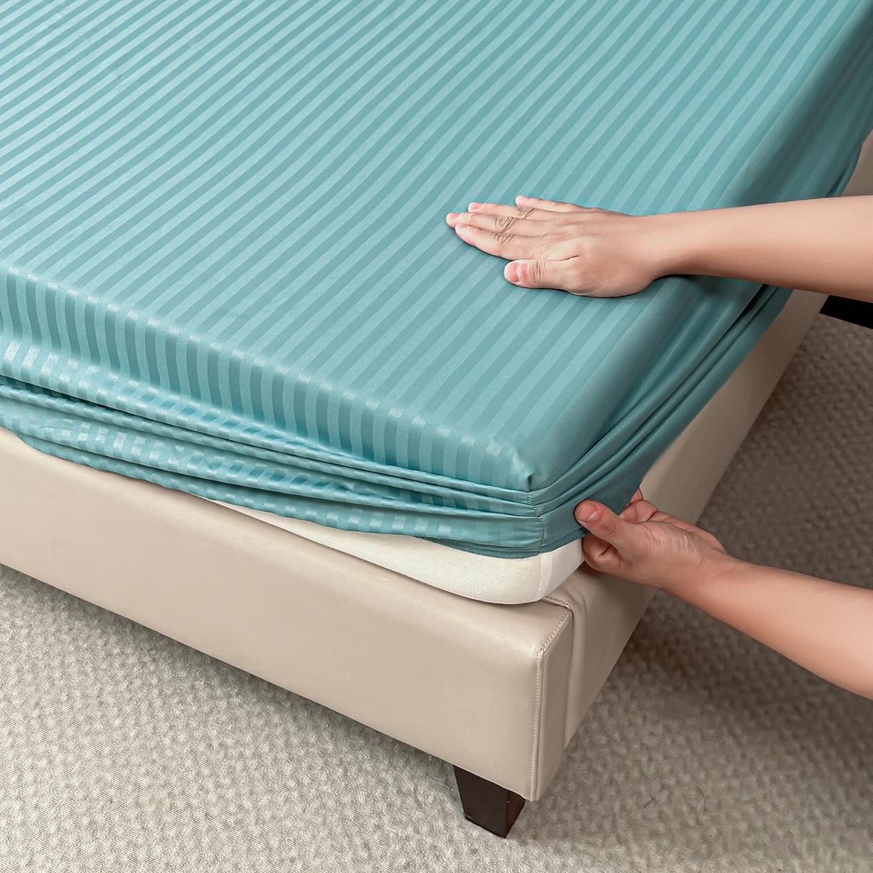 91家纺网 家纺一手货源 找家纺 安力森/诚臻酒店用品 2025新款酒店布草床单高支高密缎条款床笠三件套月子中心养老院机构专用床品 迪弗蓝