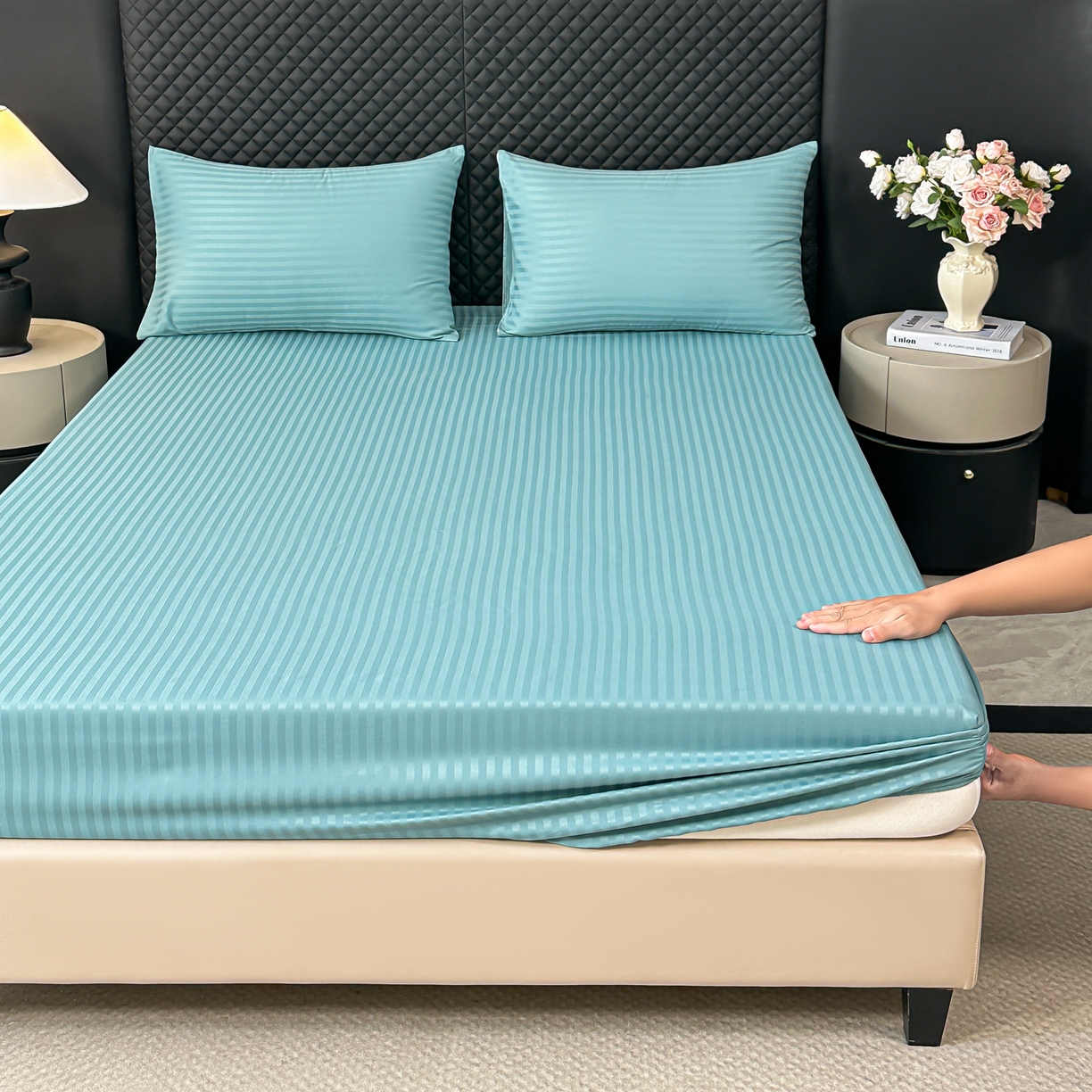 91家纺网 家纺一手货源 找家纺 安力森/诚臻酒店用品 2025新款酒店布草床单高支高密缎条款床笠三件套月子中心养老院机构专用床品 迪弗蓝