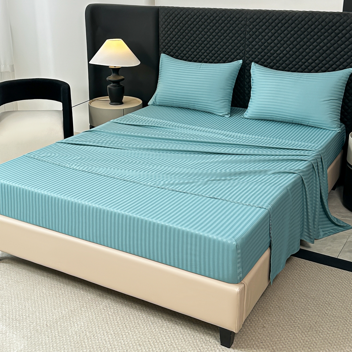 91家纺网 家纺一手货源 找家纺 安力森/诚臻酒店用品 2025新款酒店布草床单高支高密缎条款床笠三件套月子中心养老院机构专用床品 迪弗蓝