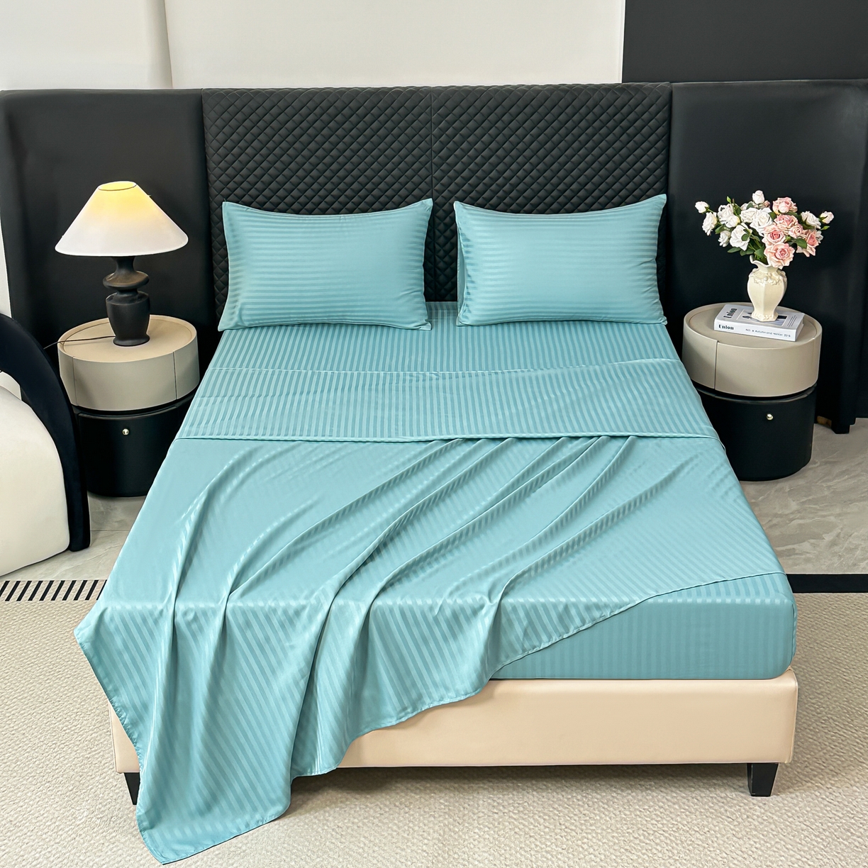 91家纺网 家纺一手货源 找家纺 安力森/诚臻酒店用品 2025新款酒店布草床单高支高密缎条款床笠三件套月子中心养老院机构专用床品 迪弗蓝