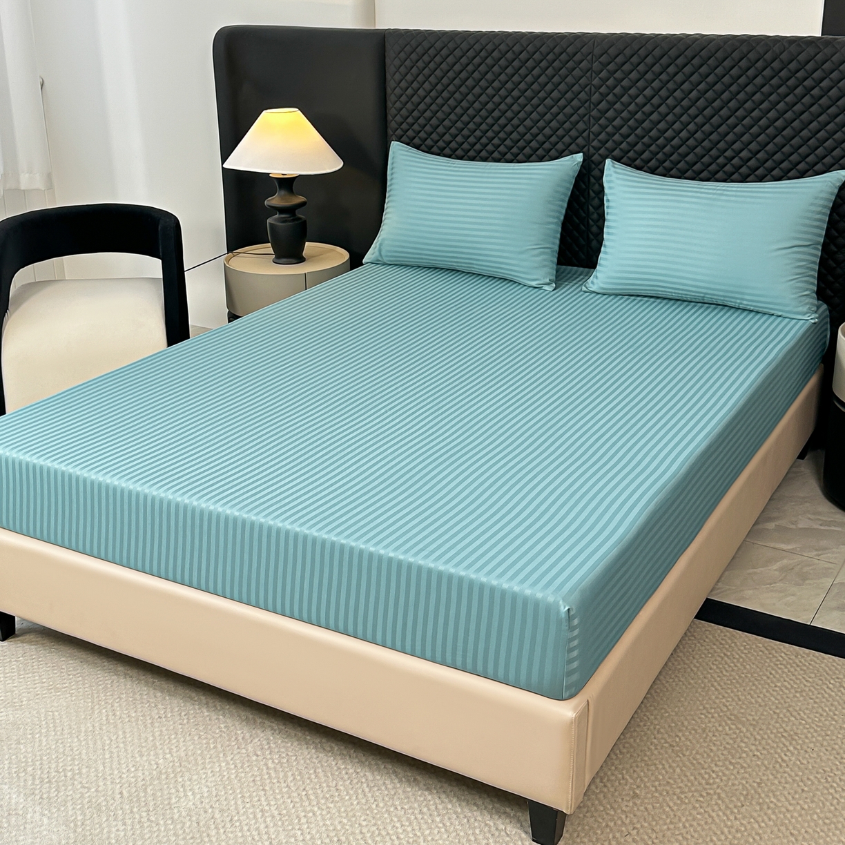 91家纺网 家纺一手货源 找家纺 安力森/诚臻酒店用品 2025新款酒店布草床单高支高密缎条款床笠三件套月子中心养老院机构专用床品 迪弗蓝