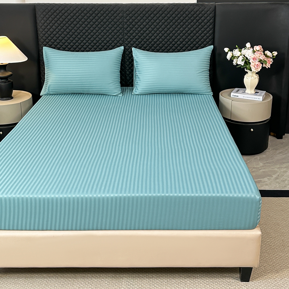 91家纺网 家纺一手货源 找家纺 安力森/诚臻酒店用品 2025新款酒店布草床单高支高密缎条款床笠三件套月子中心养老院机构专用床品 迪弗蓝