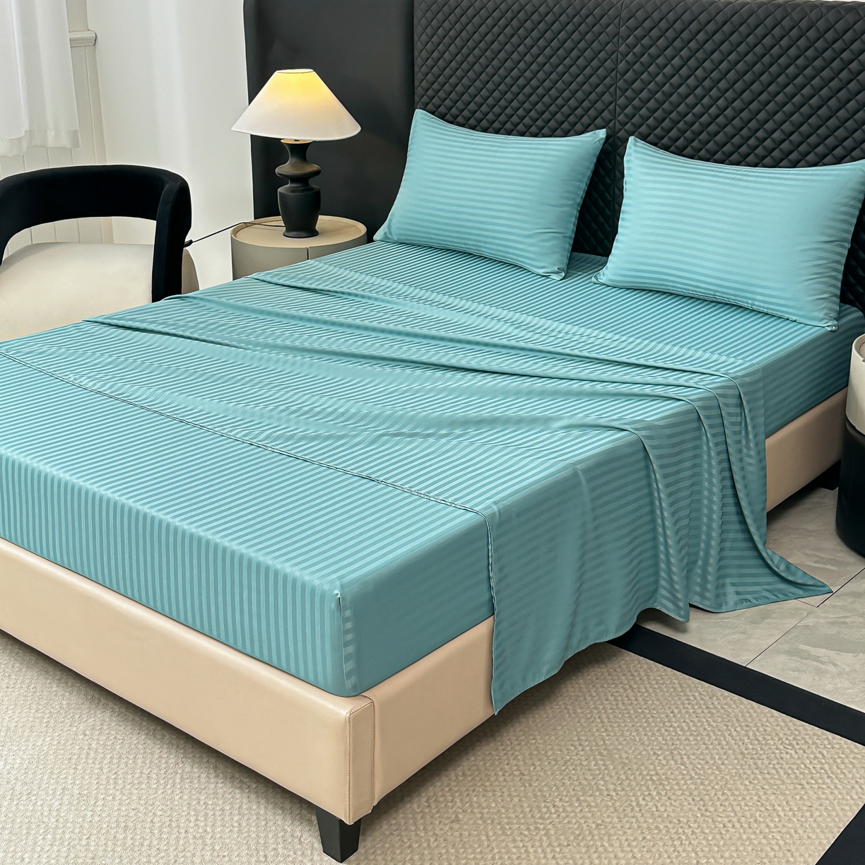 91家纺网 家纺一手货源 找家纺 安力森/诚臻酒店用品 2025新款酒店布草床单高支高密缎条款床笠三件套月子中心养老院机构专用床品 迪弗蓝