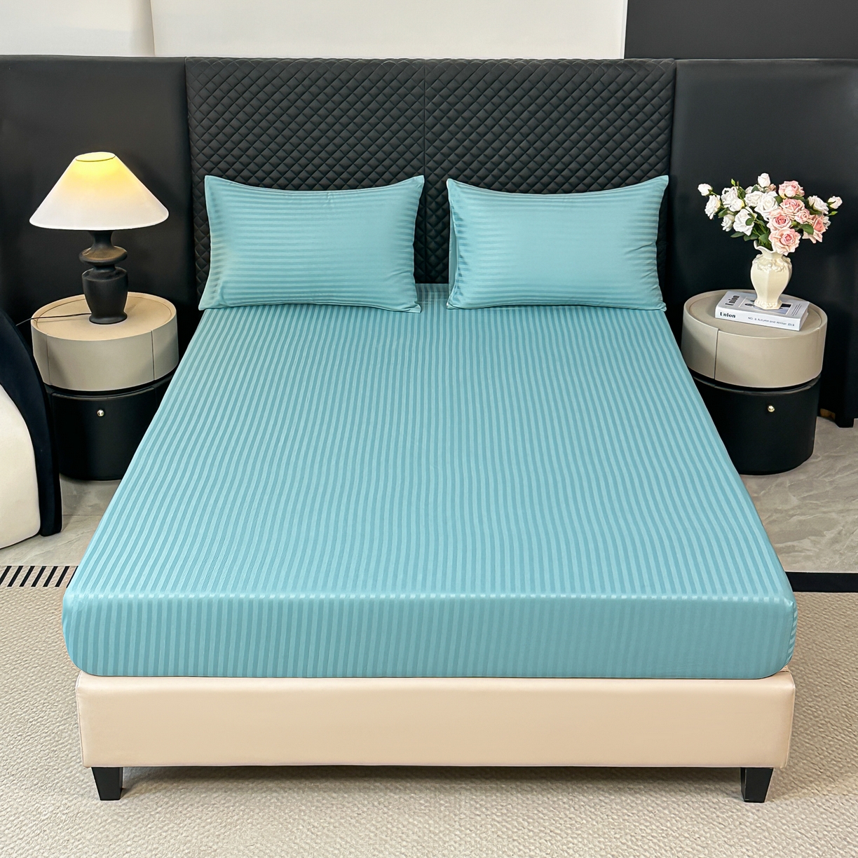 91家纺网 家纺一手货源 找家纺 安力森/诚臻酒店用品 2025新款酒店布草床单高支高密缎条款床笠三件套月子中心养老院机构专用床品 迪弗蓝