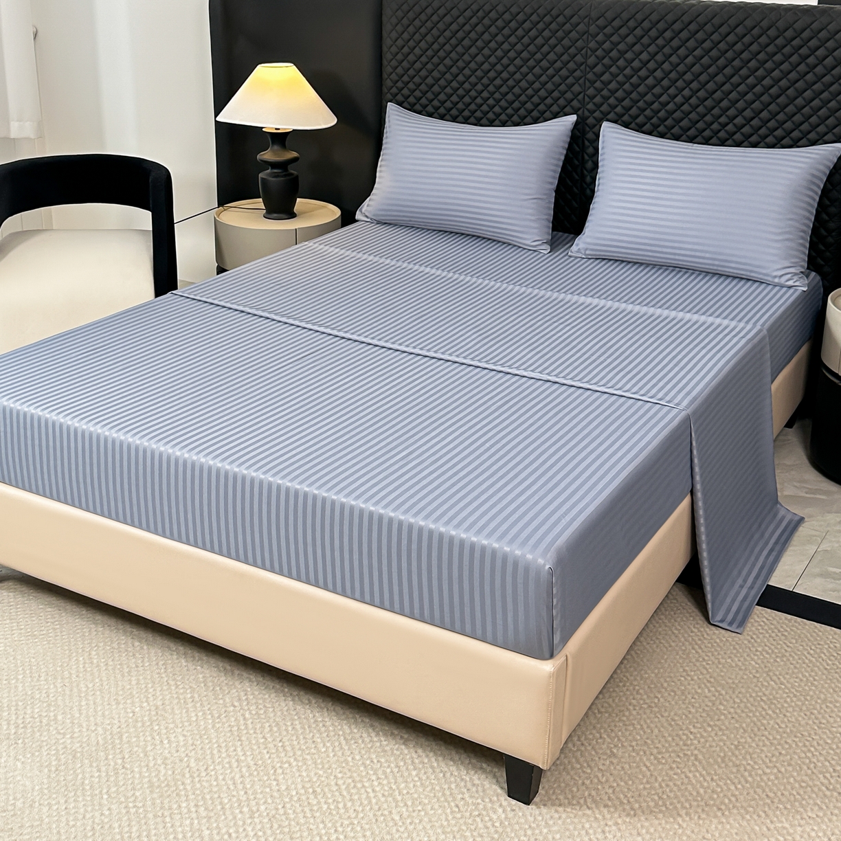 安力森/诚臻酒店用品 2025新款酒店布草床单高支高密缎条款床笠三件套月子中心养老院机构专用床品 灰蓝色