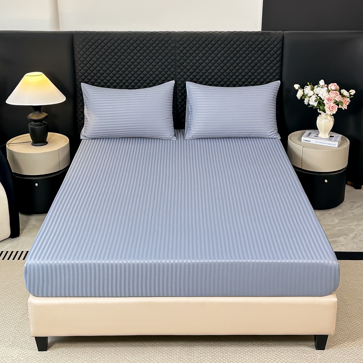 91家纺网 家纺一手货源 找家纺 安力森/诚臻酒店用品 2025新款酒店布草床单高支高密缎条款床笠三件套月子中心养老院机构专用床品 灰蓝色